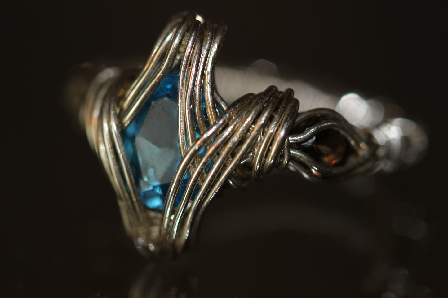 15,5mm blauer Topas und Rauch Quarz Ring 925 Silber
