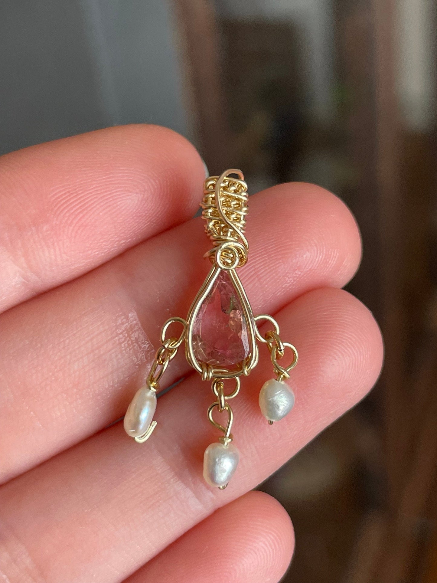 pinke Turmalin Kette mit hängenden Süßwasser perlen 14k gold gefüllt