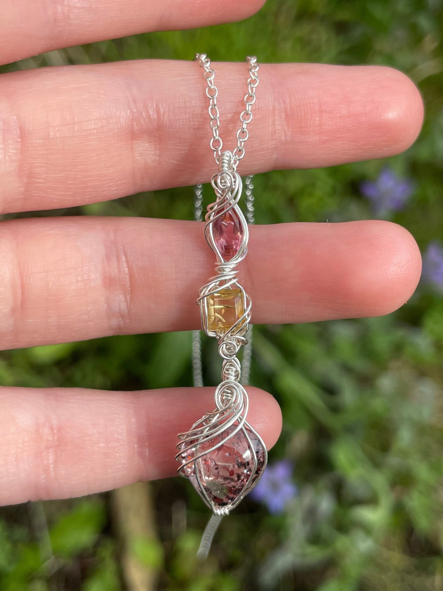 Einzigartige Kette lepidocrocit citrin und pinker Turmalin in 925 Silber