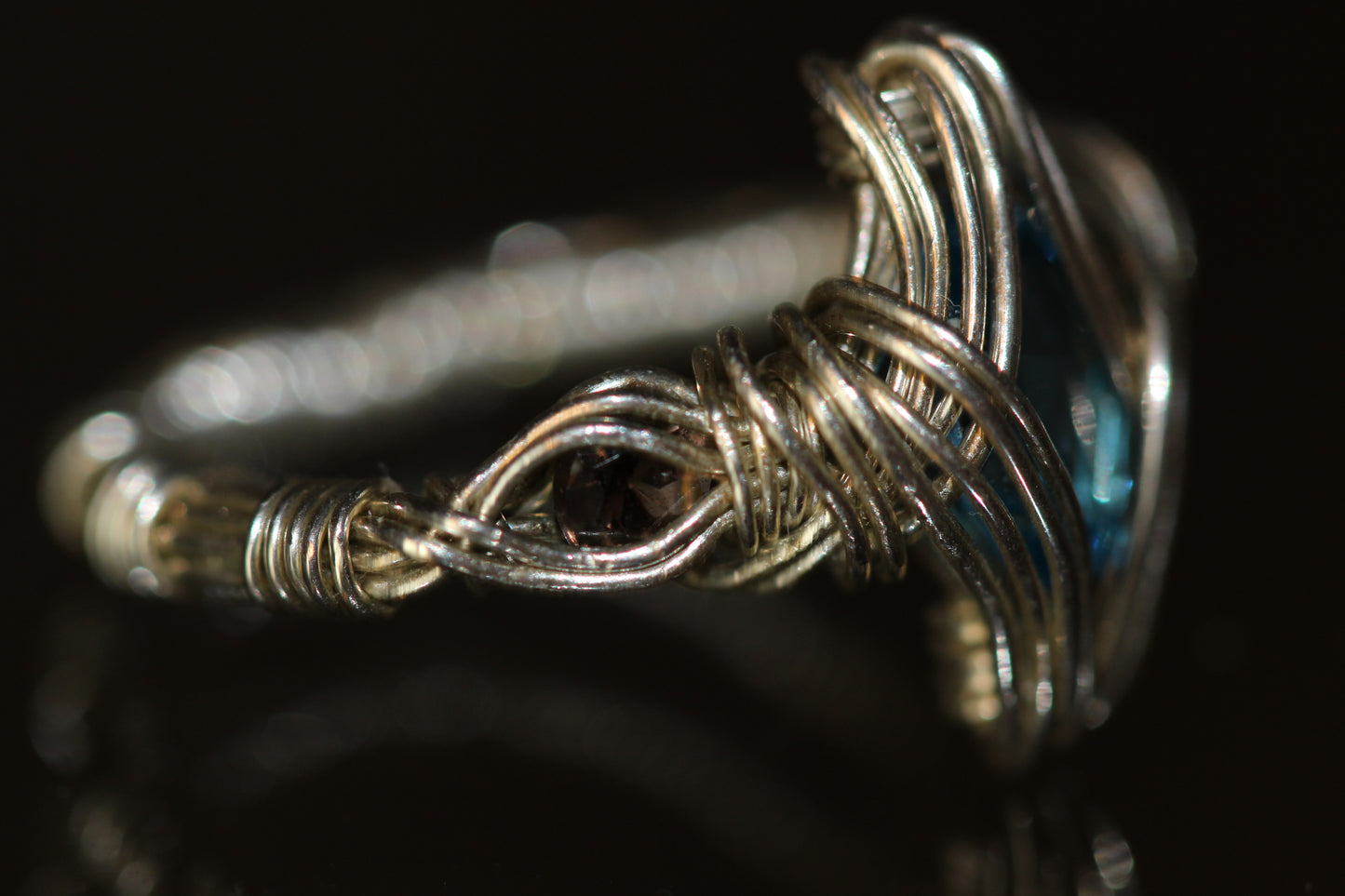 15,5mm blauer Topas und Rauch Quarz Ring 925 Silber