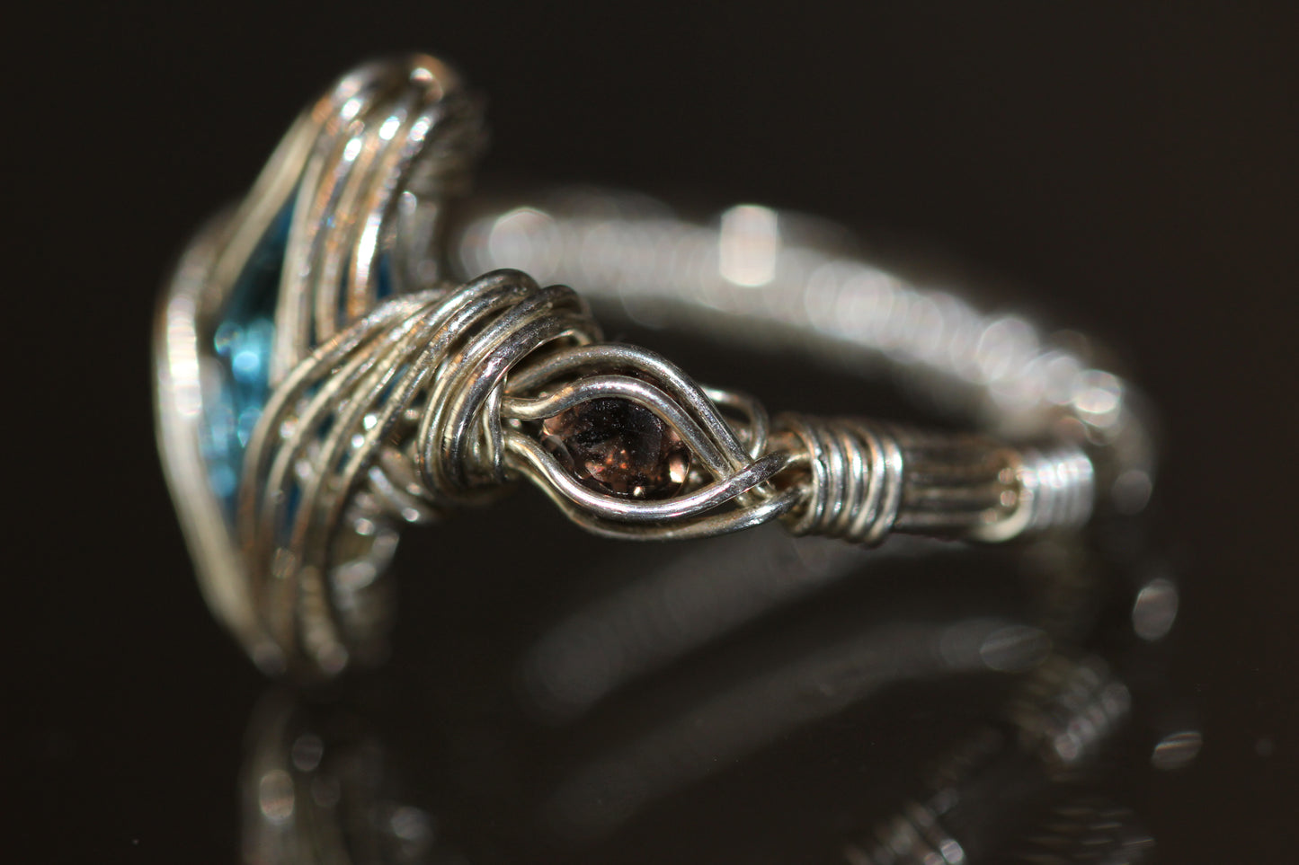 15,5mm blauer Topas und Rauch Quarz Ring 925 Silber