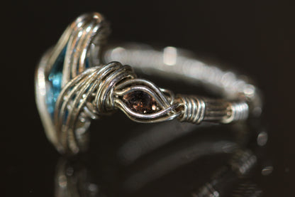 15,5mm blauer Topas und Rauch Quarz Ring 925 Silber