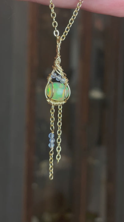 Ethiopische Opal Ohrringe mit Aquamarine Perlen 14k gold filled vergoldet