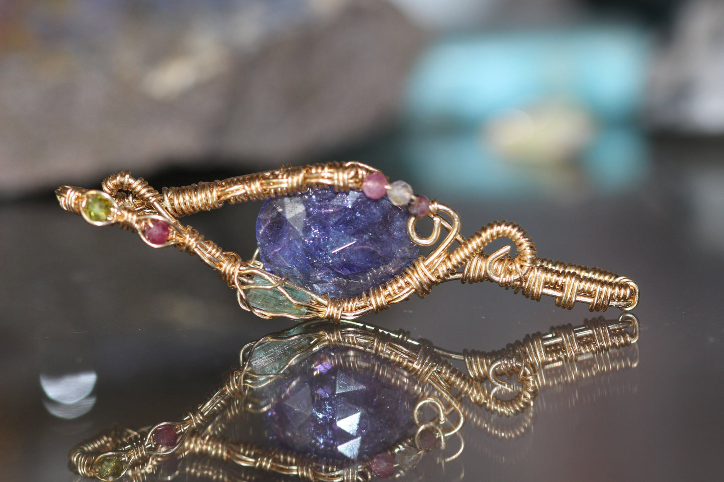 Einzigartiger Tansanit und Turmalin Anhänger 14k gold gefüllt